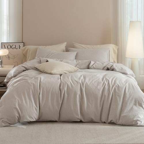 JIYUAN 100% Washed Cotton Striped Duvet Cover Set 3 Pieces Queen, 1 Duvet Cover and 2 Pillowcases(Comforter Not Included),Linen Like Bedding Set Comfy and Breathable,Pinstripes-Heathered Taupe White