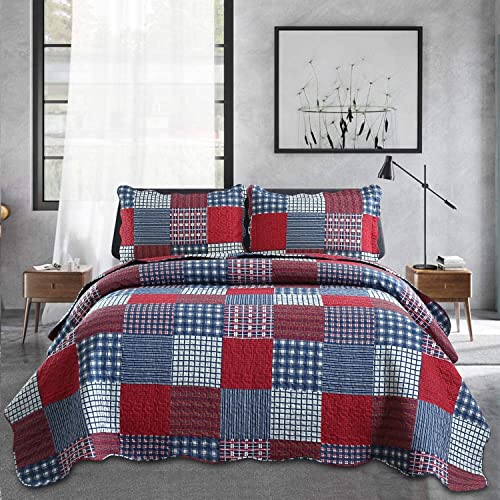 Jessy Home Mens Reversible Lightweight Patchwork Bedspread with 2 Pillow Cases Red Blue