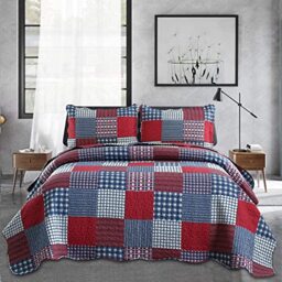 Jessy Home Mens Reversible Lightweight Patchwork Bedspread with 2 Pillow Cases Red Blue
