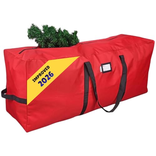 "Primode Xmas Tree Storage Bag, Fits Up to 9 Ft. Tall Disassembled Holiday Tree, 25"" Height X 20"" Wide X 65"" Long, Heavy Duty Storage Container, Constructed of Durable 600D Oxford Material (Red)"