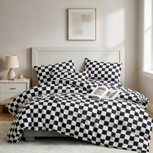 CLOTHKNOW Black White Plaid Comforter Set Full Size Checkered Bedding Sets - Grid Bedding Comforter Sets, Checkerboard Pattern, Soft, All Season Comforters with 2 x Pillowcases