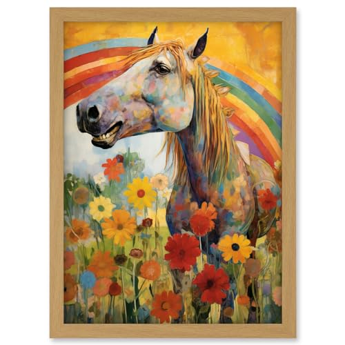 Artery8 Girls Bedroom Nursery Artwork Rainbow Horse With Flowers Bright Colourful Happy Artwork Framed A3 Wall Art Print