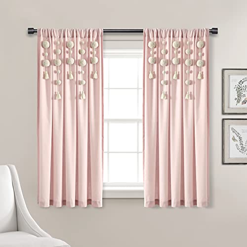 "Lush Decor Boho Pom Pom Tassel Linen Window Curtain Panel (Single Panel), 63"" L x 52"" W, Blush"