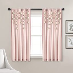 "Lush Decor Boho Pom Pom Tassel Linen Window Curtain Panel (Single Panel), 63"" L x 52"" W, Blush"