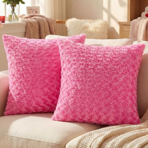 FUTEI Hot Pink Decorative Throw Pillow Covers 22x22 Inch Set of 2,Soft Solid Rose Textured Cushion Case,Modern Home Decor for Couch Living Room