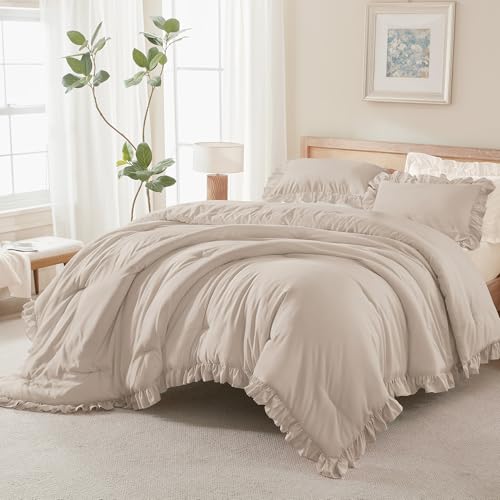 Andency California King Comforter Set Khaki (104x96Inch), 3 Pieces Cal King Ruffle Comforter, Oversized Farmhouse Shabby Chic Bedroom Bed Comforter, Lighteweight and Soft Microfiber Bedding Set