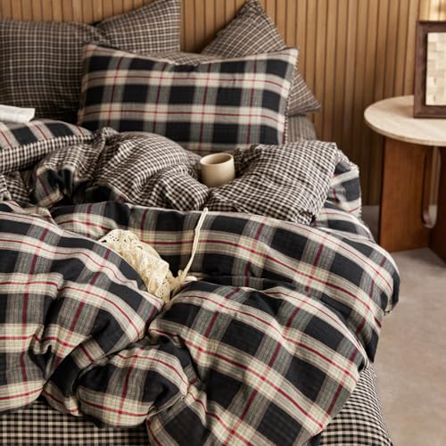 EAVD Classic Black Plaid Duvet Cover King Soft 100% Cotton Muslin Modern Red Black Grid Plaid Bedding Set with 2 Pillowcases Reversible Gingham Geometric Duvet Cover with Zipper Closure
