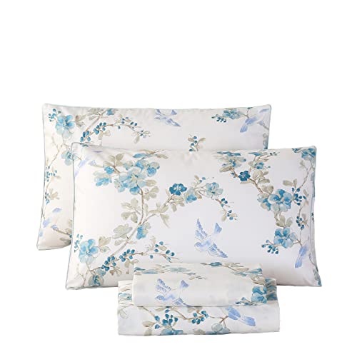 URBONUR 100% Egyptian Cotton Sheets Set Full Size Percale Weave Sheets 4PCS Blue Floral Plum Blossom Spring Flower Pattern Full Bed Sheet Soft Smooth Breathable Bed Sheets with Deep Pocket
