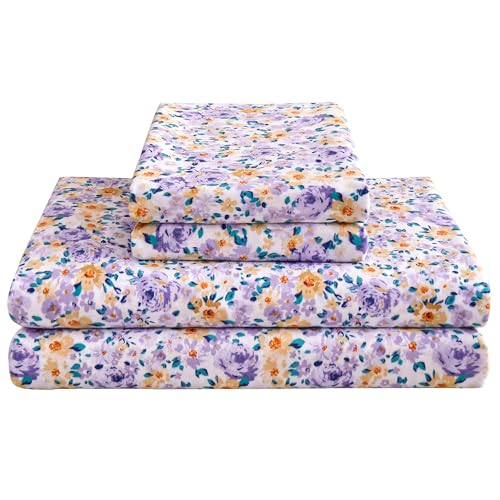 Mooreeke Floral Twin 3 Pieces Bed Sheets, Soft Microfiber Printed Bedding Sheets & Pillowcases, Deep Pocket Non-Slip Vintage Twin Sheet, Purple Yellow Flower Pattern Bedsheets