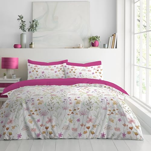 GC GAVENO CAVAILIA 3-Piece Complete Floral Bedding Set - Single Duvet Cover, Fitted Sheet With 1x Pillow Case - Breathable & Lightweight Soft Reversible Plain Pink Quilt Covers Single Bed Set