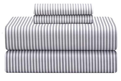 "Feather & Stitch 100% Cotton 300TC Percale Weave Sheet Set, College Dorm Twin 3 Piece Cooling Bed Sheets 16"" Deep Pockets - 1 Fitted Sheet,1 Pillowcase, 1 Flatsheet - Twin, Grey Stripe"