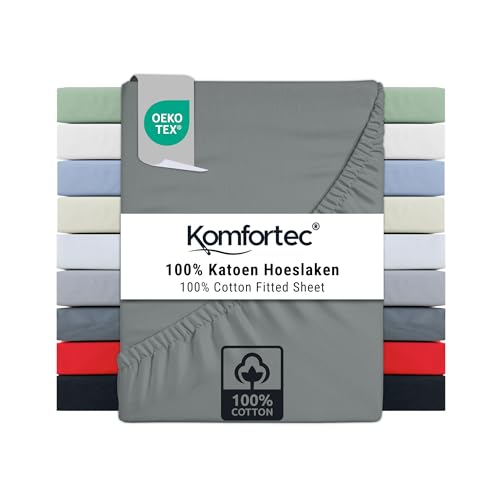 Komfortec Super King Fitted Sheet 100% Cotton, 11 inch (30 cm) Deep Pocket - Grey