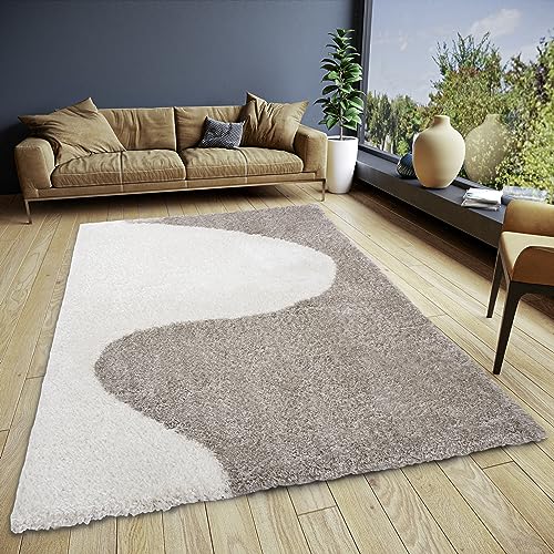 ELLE Decoration Alice Deep-Pile Rug - Living Room Rug Design Long Pile Shaggy Two-Tone Modern Pattern Fluffy Soft for Living Room, Bedroom, Teenager's Room - Cream Grey, 120 x 170 cm