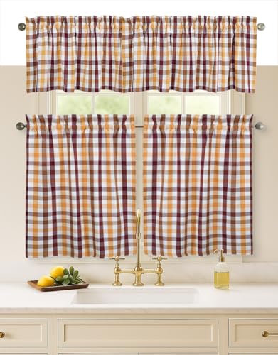 Softopia Cotton Gingham Check 3 Piece Window Curtain Set, 2 Tiers 26x36 Inch and 1 Valance 54x18 Inch, Semi Sheer, Rod Pocket Short Kitchen Curtain - Burgundy Wine, Brown, Mustard Yellow