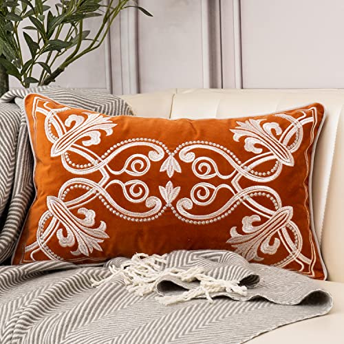 Aeckself Floral Lumbar European Lumbar Cushion Covers Decorative Refined Embroidered Pillow Cases for Sofa Bedroom Living Room 12x20 Burnt Orange White