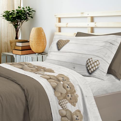 PENSIERI DELICATI 100% Cotton Double Bed Set, 120 x 200 cm, Complete with Bottom Sheet, Top and 1 Pillowcase, Made in Italy, Beige Bears Design