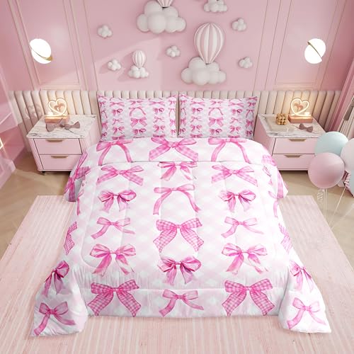 Erosebridal Cute Pink Bow Full Comforter Set for Girls Teen Kids,Princess Pink Bows Bedding Set Room Decor,Dreamy Bow Knot Quilt Set Pink Checkered Grid Bedding Comforter Sets,2 Pillowcases