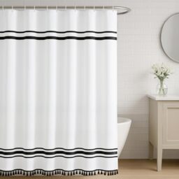 "Seasonwood Black and White Shower Curtain Farmhouse Shower Curtain Striped Shower Curtains for Bathroom Sets Boho Shower Curtains with Tassels Modern Bathroom Curtains Decor Waterproof Fabric 72""x72"""