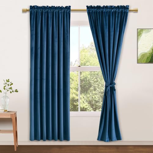 JIUZHEN Navy Velvet Curtains 72 inches for Living Room - Privacy Protect Room Darkening Rod Pocket Thick Velvet Window Drapes for Bedroom/Dining Room, Set of 2 with Tiebacks, W52 x L72 inches