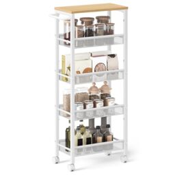 VASAGLE 5-Tier Trolley, Space-Saving Kitchen Cart with Castors, 22 cm Deep, Steel Frame, Handle, Trolley for Small Spaces, Kitchen Bathroom Living Room Studio, Oak Beige and White LRC035W09