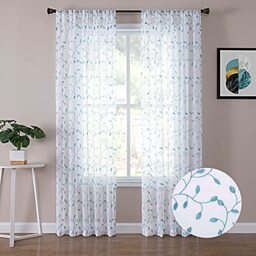 Tollpiz Leaves Sheer Curtain Teal Blue Leaf Embroidery Living Room Curtains Rod Pocket Voile Faux Linen Embroidered Leaves Curtain for Bedroom, 54 x 95 inches Long, Set of 2 Panels