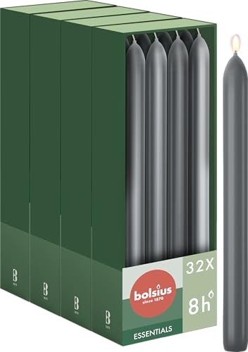 Bolsius Smooth Taper Candles - Anthracite - 23 cm - Pack of 32 - Decorative Candles - Palm Oil Free