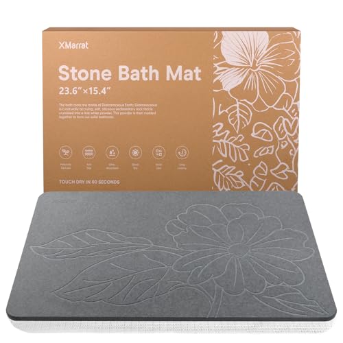 "XMarrat Diatomaceous Earth Stone Bath Mat for Bathroom, 23.6"" x15.4'' - Super Absorbent, Premium Fast-Drying Diatomite Bathmats, Non-Slip Base, Easy Clean for Shower Floor & Bathroom (Dark Gray)"
