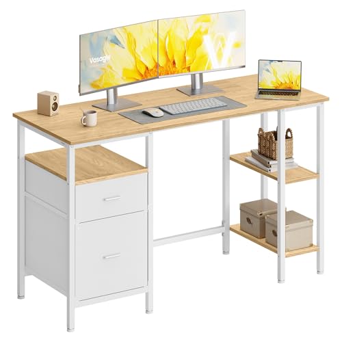 VASAGLE Computer Desk with Storage, 3 Shelves, 2 Drawers, 127 x 50 x 76 cm - Work Desk, for Home Office, Living Room, Modern Basic Style, Natural Oak and Matte White, BARNET Collection LWD103YD01
