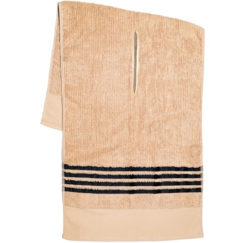 "Golf Guys The Tour Towel - Large Golf Caddy Towel Terry Cloth, Absorbent 19"""" x 44"""", Center Cut, Perfect Hang Golf Cart Accessory and Golf Bag, Sand with Black Stripes"