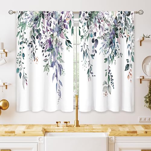 oolygoo Blue Purple Eucalyptus Botanical Leaves Floral Window Curtains Farmhouse Rustic Flower Plant Wildflower Farmhouse Curtain Drapes Herb Curtains for Bedroom Living Room Treatment 42Wx45H Inch