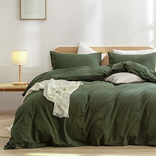 BESTOUCH Cotton Solid Duvet Cover Set Linen Feel Olive Green Super King - 100% Washed Cotton, Soft Wrinkle Texture, Hidden Zipper, 8 Ties, Breathable Lightweight Durable Comfy, 3 Pcs No Insert