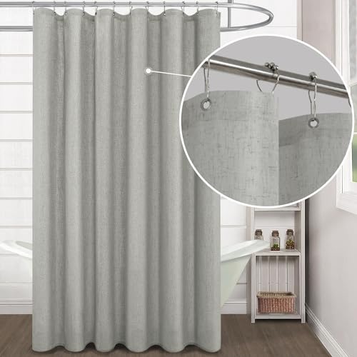 KOUFALL Grey Shower Curtain,Linen Fabric Boho Hotel Style Collection Shower Curtains for Bathroom,Set with Hooks,Light Gray,72 Inch
