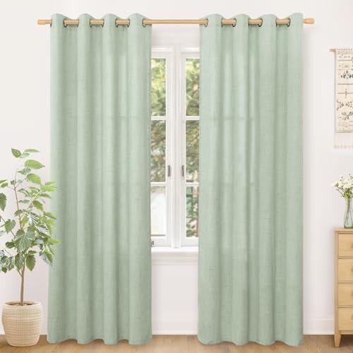 YoungsTex Sage Green Linen Curtains 80 Inches Long for Living Room, Bronze Grommet Textured Semi Sheer Drapes Privacy Light Filtering Window Treatments for Bedroom Dining, 52 x 80 Inch, 2 Panels