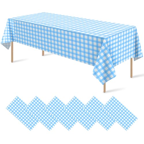 6Pack Light Blue and White Plastic Checkered Tablecloth, Premium Decorative Disposable Light Blue Gingham Plaid Tablecloth for Party, Rectangle Party Table Cover for Picnic Farm Birthday, 54x108 Inch