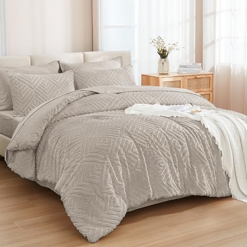 Andency California King Comforter Set 7 Pieces, Linen Grey - Bed in a Bag Cal King, Soft Lightweight Fluffy Polyester, Boho Tufted Reversible Bedding Comforter Set with Sheets All Season