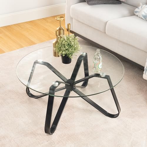 HOMYLIN Round Coffee Table Nordic Minimalist Tempered Glass Top Modern Iron Black Base Side & End Table for Home, Living Room, Patio, Garden, 80cm x 80cm x 40cm