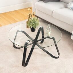 HOMYLIN Round Coffee Table Nordic Minimalist Tempered Glass Top Modern Iron Black Base Side & End Table for Home, Living Room, Patio, Garden, 80cm x 80cm x 40cm