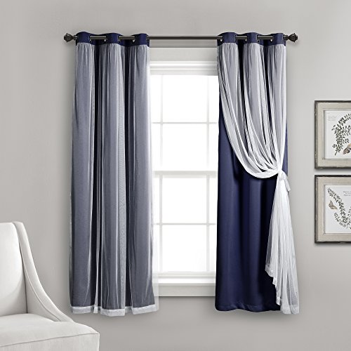 "Lush Decor Sheer Grommet Curtains Panel with Insulated Blackout Lining, Room Darkening Window Curtain Set (Pair), 38"" W x 63"" L, Navy"