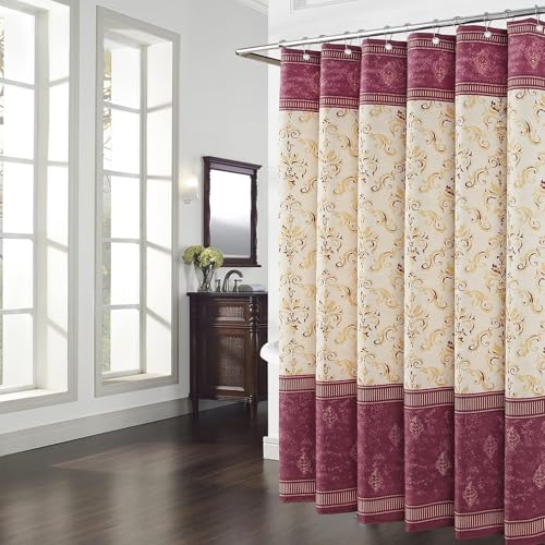 "BESTRIPES Long Fabric Shower Curtain, Burgundy and Gold Damask Print Shower Curtains for Bathroom, Classic Baroque Bathroom Curtains, 78"" W x 78"" H"
