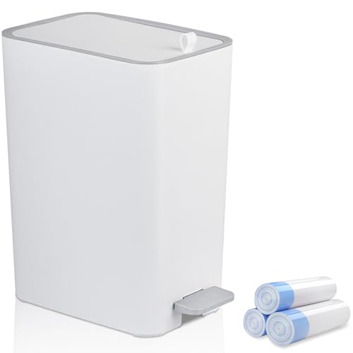 rejomiik Small Bathroom Trash Can with Lid, 3.2 Gallon Step Garbage Can with Handle, Slim Mini Wastebasket Bin for Bedroom, Office, Dorm, White