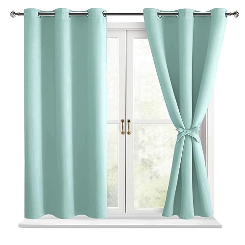 Hiasan Blackout Curtains for Bedroom - Thermal Insulated & Energy Saving Window Curtains for Living Room, 2 Drape Panels Sewn with Tiebacks, Aqua, 42 x 54 Inch