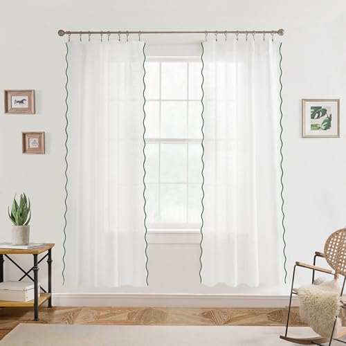 DriftAway Semi Sheer Scalloped Edge White Coastal Beach Window Curtains for Living Room Bedroom 2 Panels Rod Pocket Each Size 52 Inch by 72 Inch Loden Green
