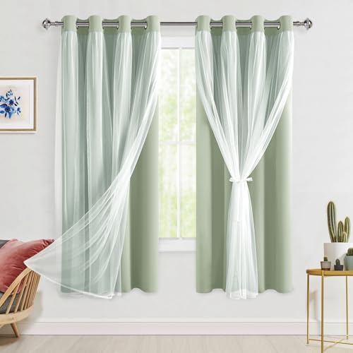 Hiasan Blackout Curtains with Sheer Overlay, Grommet Thermal Insulated Privacy Mix and Match Double Layer Window Curtains for Bedroom, Living Room, 2 Drape Panels with Tiebacks, Seafoam, 52W X 63L