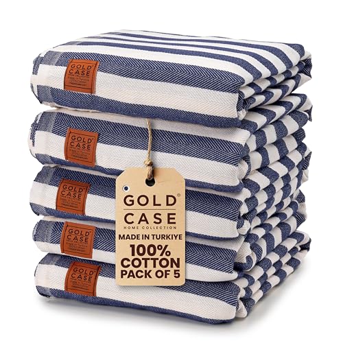 GOLD CASE HOME COLLECTION Myra Original Turkish Beach Towel Set of 5-100% Cotton - 71x40 inches XXL Oversized - Quick Dry Sand Free Turkish Towel - Durable Lightweight Bath Towels, Navy Blue