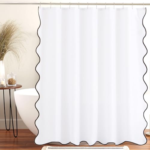 ORTIGIA White Shower Curtain with Black Scalloped Edge 72 W x 84 H Inch, Black and White Shower Curtains Cute Aesthetic Pretty Preppy Waterproof Fabric Bath Bathroom Decor with Metal Hook