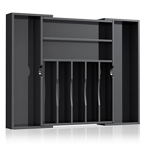 "NIUBEE Acrylic Kitchen Drawer Organizer for Flatware and Utensils, Expandable Silverware Organizer and Cutlery Tray for Kitchen, Office,Bathroom Supplies,Black 21"""