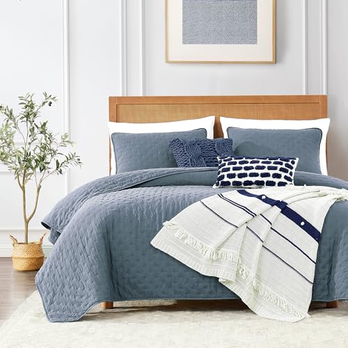 ROARINGWILD Dusty Blue Queen Size Quilt Bedding Set, Lightweight Soft Bedspread, Farmhouse Rustic Country Coverlet, Thin Cloud Comforter for Spring Summer, 2 Pillow Shams, 90x90 inches