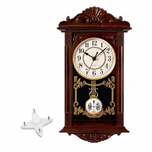 Quickway Imports Vintage Grandfather Wood- Looking Plastic Pendulum Wall Clock for Living Room, Kitchen, or Dining Room, Brown