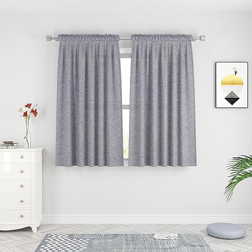 UPOPO Linen Textured Kitchen Curtains 45 inches Long Semi Sheer Charcoal Grey Living Room Bedroom Window Curtains Basement Curtain Panels Rod Pocket 2 Pieces