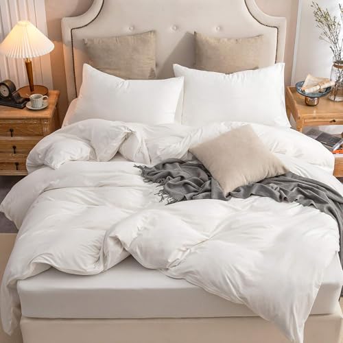 PURE ERA Jersey Knit Duvet Cover Set 100% T-Shirt Cotton Super Soft Comfy 3pc Bedding Set with Zipper (Solid Off White, Oversized King)